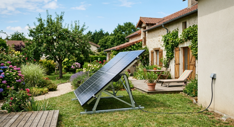 Panneau solaire plug and play installé au sol dans un jardin, orienté sud à 30 degrés