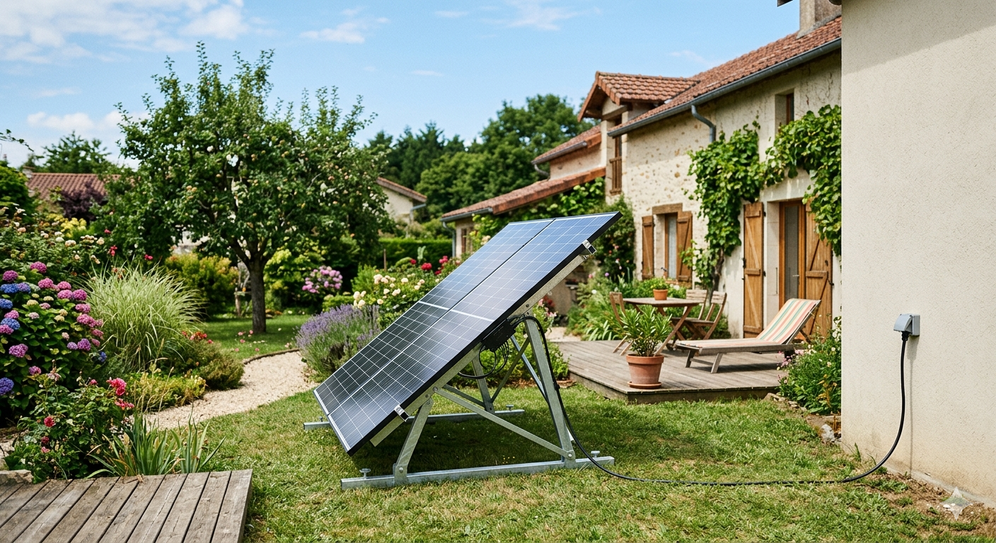 Panneau solaire plug and play installé au sol dans un jardin, orienté sud à 30 degrés